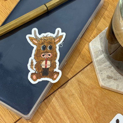 Highland Cow with Iced Coffee | Single Vinyl Sticker