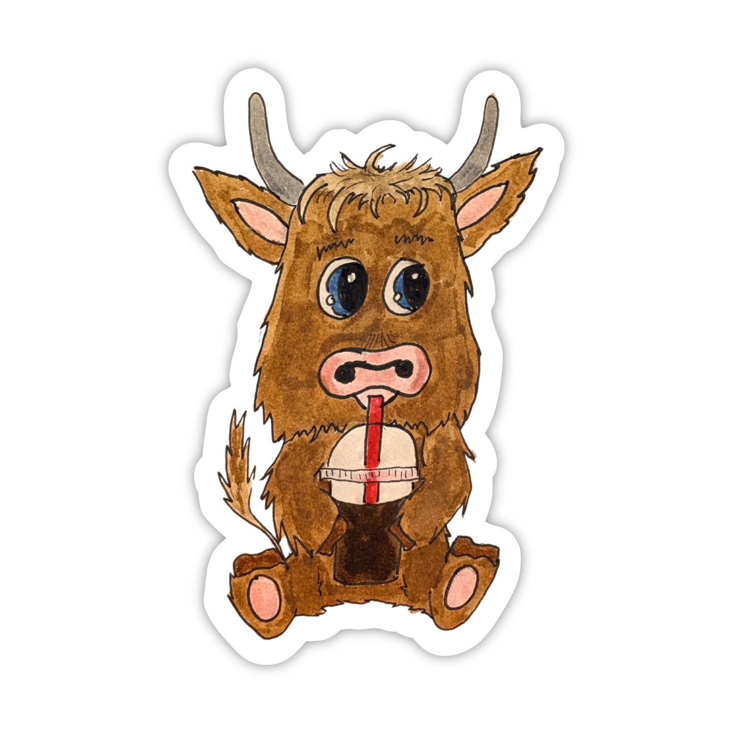 Highland Cow with Iced Coffee | Single Vinyl Sticker
