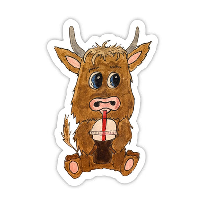 Highland Cow with Iced Coffee | Single Vinyl Sticker